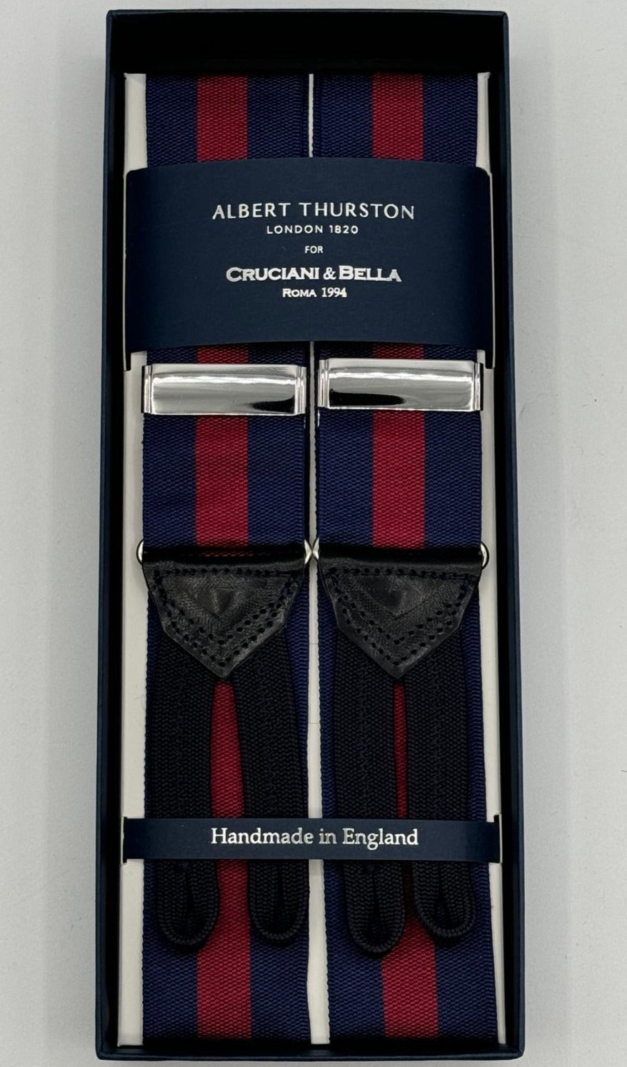 Albert Thurston for Cruciani &amp; Bella Made in England Adjustable Sizing 40 mm Woven Barathea&nbsp; Blue and Red Stripes Braces Braid ends Y-Shaped Nickel Fittings Size: MULTIFIT