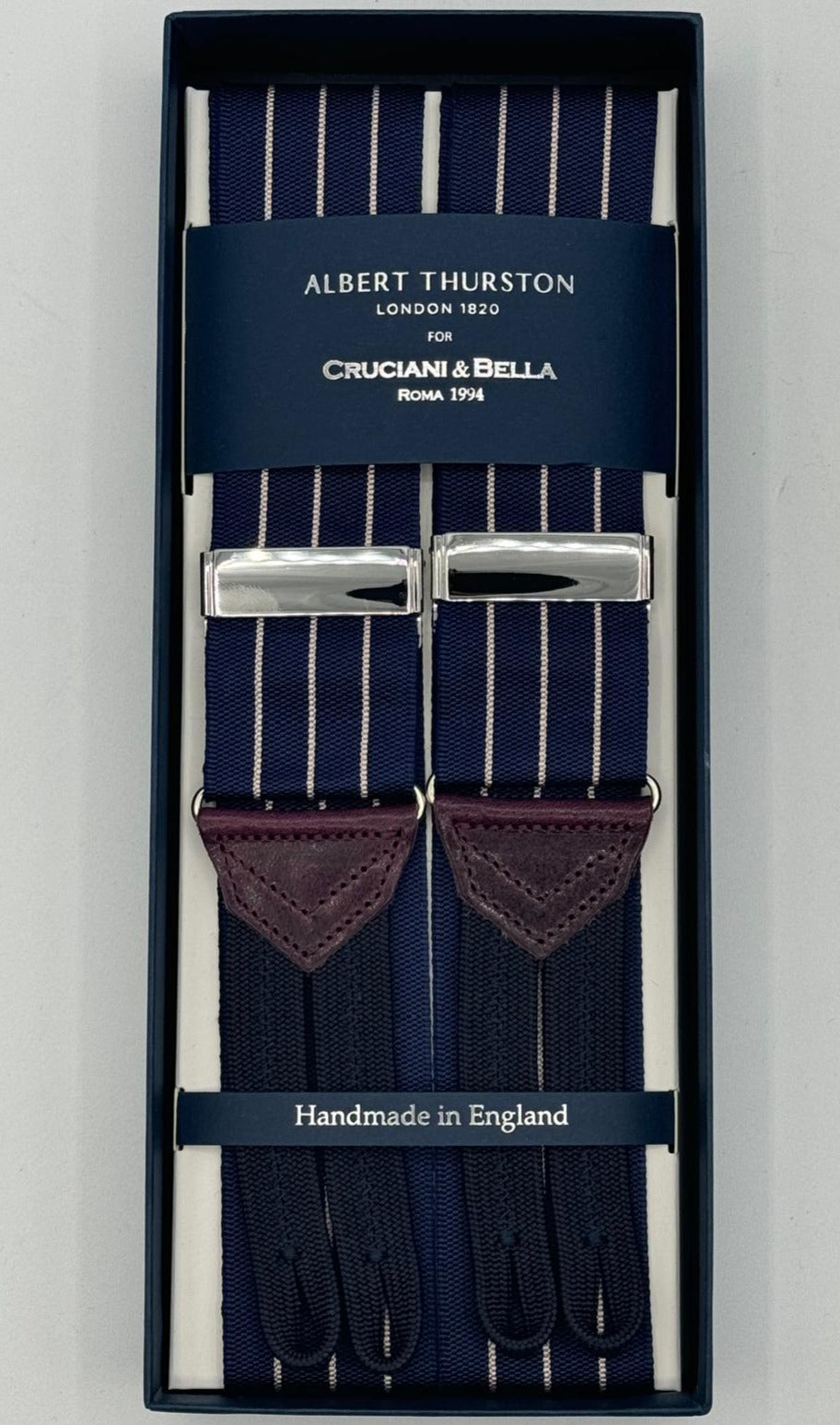 Albert Thurston for Cruciani &amp; Bella Made in England Adjustable Sizing 40 mm Woven Barathea&nbsp; Blue and Beige Stripes&nbsp; Motif&nbsp; Braces Y-Shaped Nickel Fittings MULTIFIT