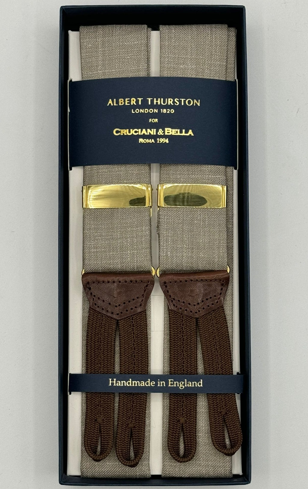 Albert Thurston for Cruciani &amp; Bella Made in England Adjustable Sizing 35 mm&nbsp; Braces Taupe Plain Braces Braid ends Y-Shaped Gold Fittings Size: MULTIFIT