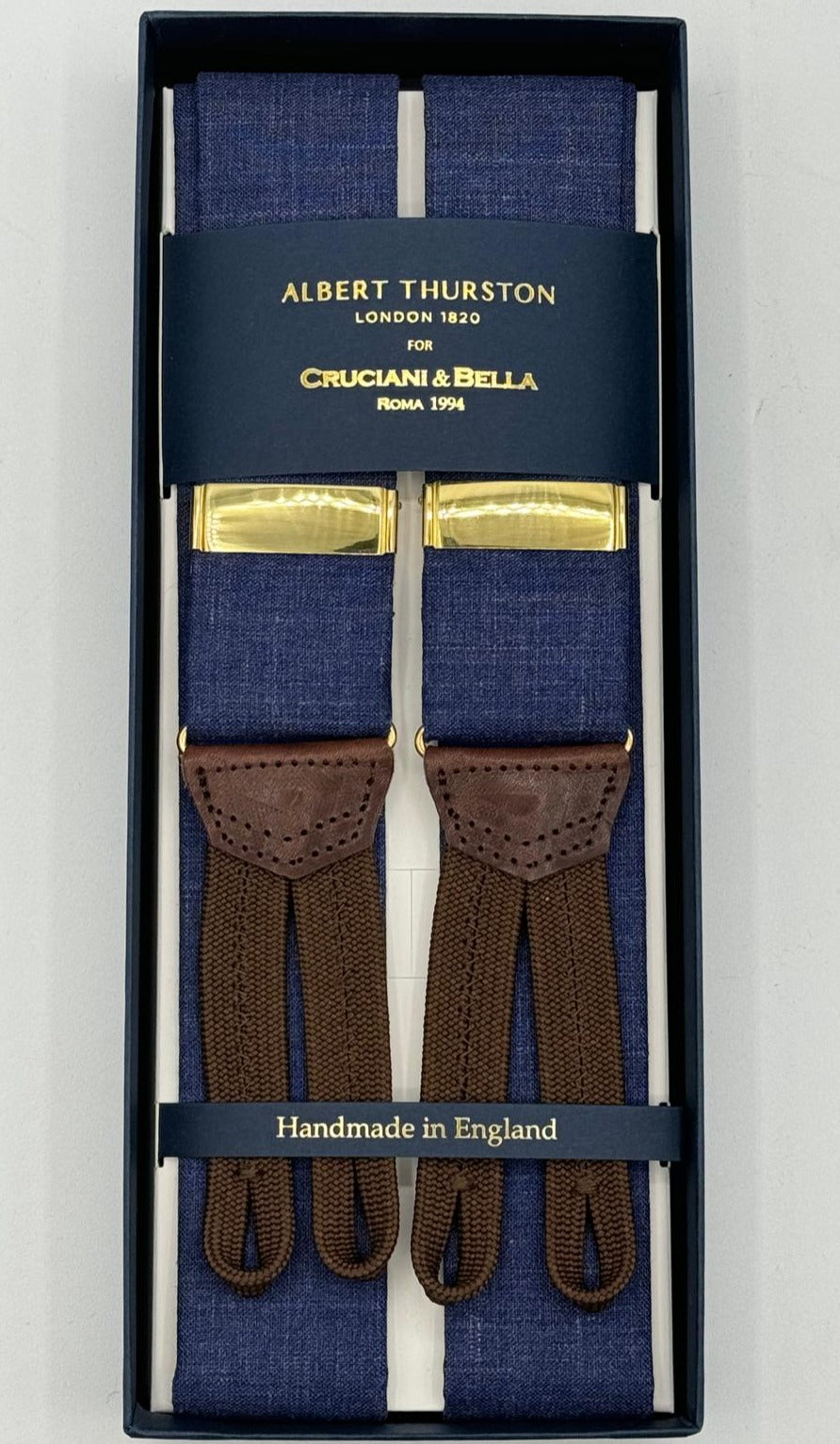 Albert Thurston for Cruciani &amp; Bella Made in England Adjustable Sizing 35 mm&nbsp; Braces Azure Blue Plain Braces Braid ends Y-Shaped Gold Fittings Size: MULTIFIT