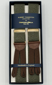 Albert Thurston for Cruciani &amp; Bella Made in England Adjustable Sizing 35 mm Elastic Braces Green Melange Plain Braid ends Y-Shaped Gold Fittings Size: MULTIFIT