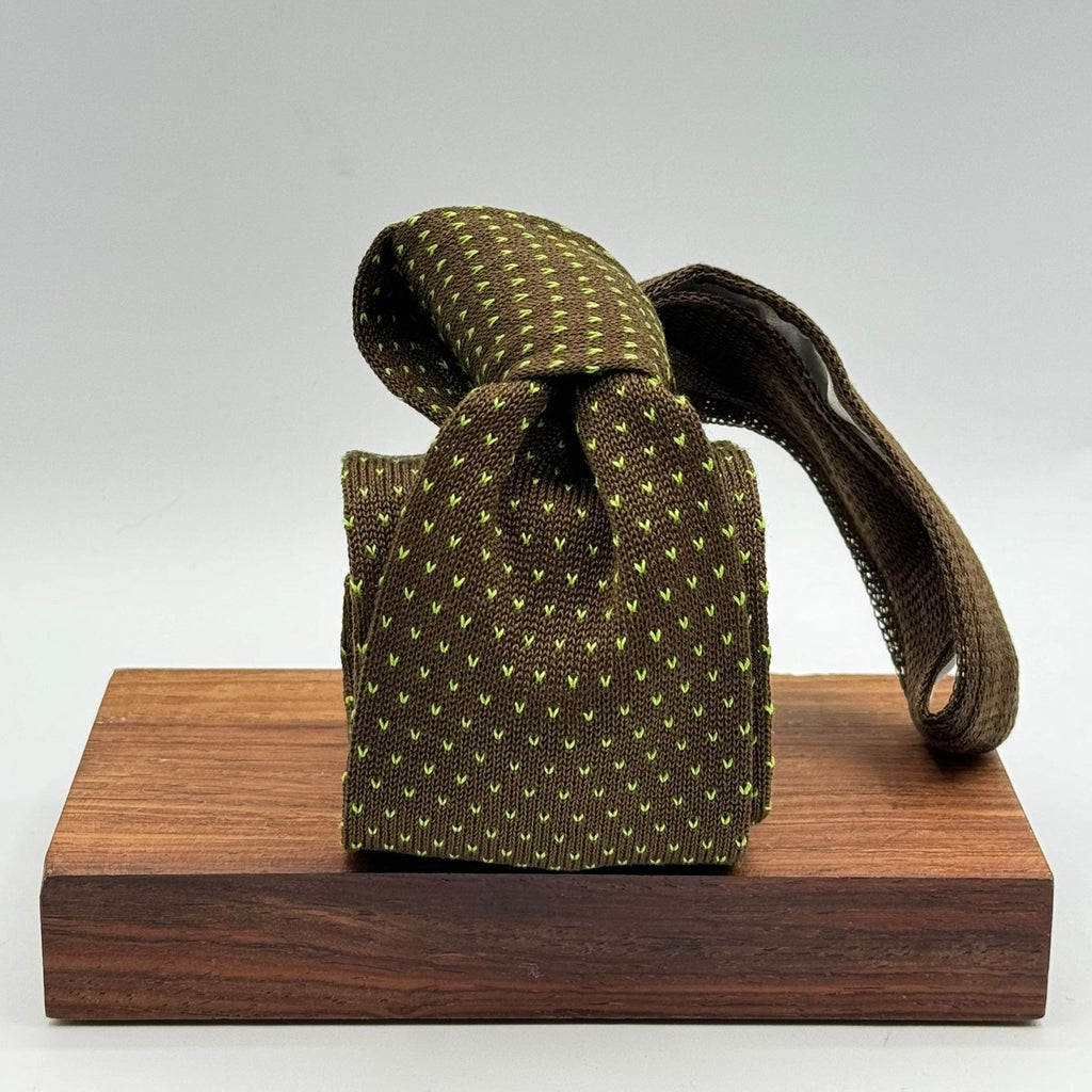 N.O.S. Cruciani & Bella - Knitted Cotton - Brown, Green Motif Tie #8881