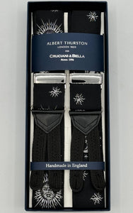 Albert Thurston for Cruciani &amp; Bella Made in England Adjustable Sizing 40 mm Woven Barathea&nbsp; Black and White Sun and Moon Braces Braid ends Y-Shaped Nickel Fittings Size: MULTIFIT