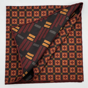 Holliday &amp; Brown for Cruciani &amp; Bella
Hand-rolled&nbsp;&nbsp;

100% Silk
Black, Brown, Red Wine and Gold
Double Faces
Motif&nbsp; Pocket Square
Handmade in Italy

32 cm X 32 cm