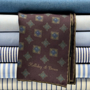 Holliday &amp; Brown for Cruciani &amp; Bella
Hand-rolled&nbsp;&nbsp;

100% Silk
Red Wine, Light Blue, Mustard
Double Faces
Motif&nbsp; Pocket Square
Handmade in Italy

32 cm X 32 cm