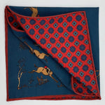 Cruciani &amp; Bella
Hand-rolled&nbsp;&nbsp;
100% Madder Silk&nbsp;
Light Blue, Brown, Red, Blue and Beige
Equestrian Motif Pocket Square
Double Faces
Made in Italy
33 cm X 33 cm