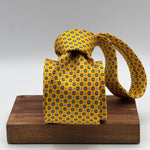 Cruciani &amp; Bella
100% Printed Silk&nbsp;
Tipped
Yellow, Light Blue and White Motif Tie
Handmade in Italy
8,5 cm x 148 cm
New Old Stock