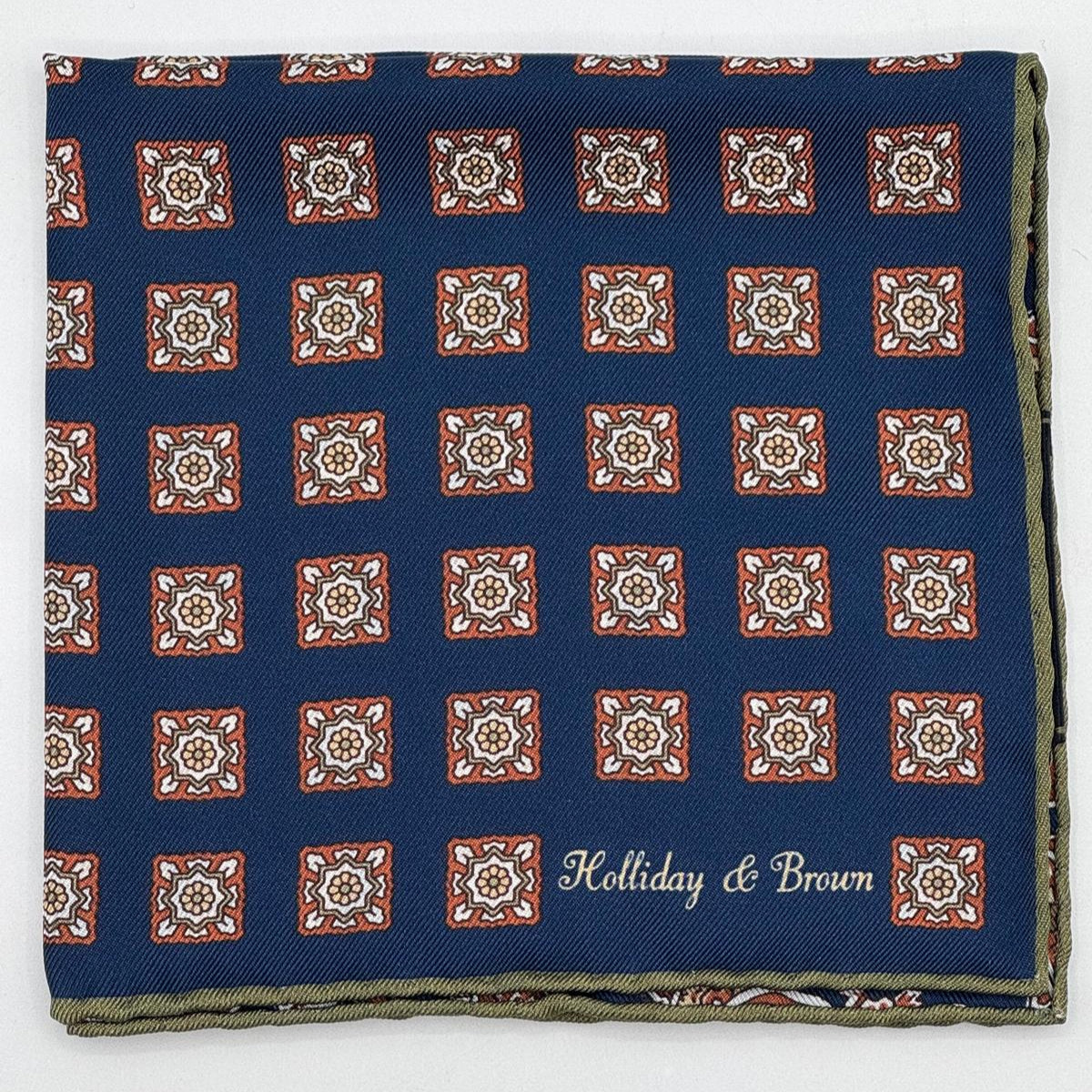 Holliday & Brown - Silk - Blue, Light Brown, White and Green Paisley Motif Pocket Square #9370