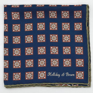 Holliday & Brown - Silk - Blue, Light Brown, White and Green Paisley Motif Pocket Square #9370