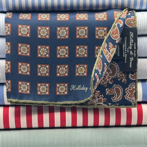 Holliday & Brown - Silk - Blue, Light Brown, White and Green Paisley Motif Pocket Square #9370