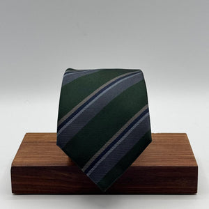Cruciani &amp; Bella
100% Woven Silk&nbsp;

Self Tipped&nbsp;
Green, Grey and Light Blue stripes

Handmade in Italy
8 cm x 148 cm
New Old Stock