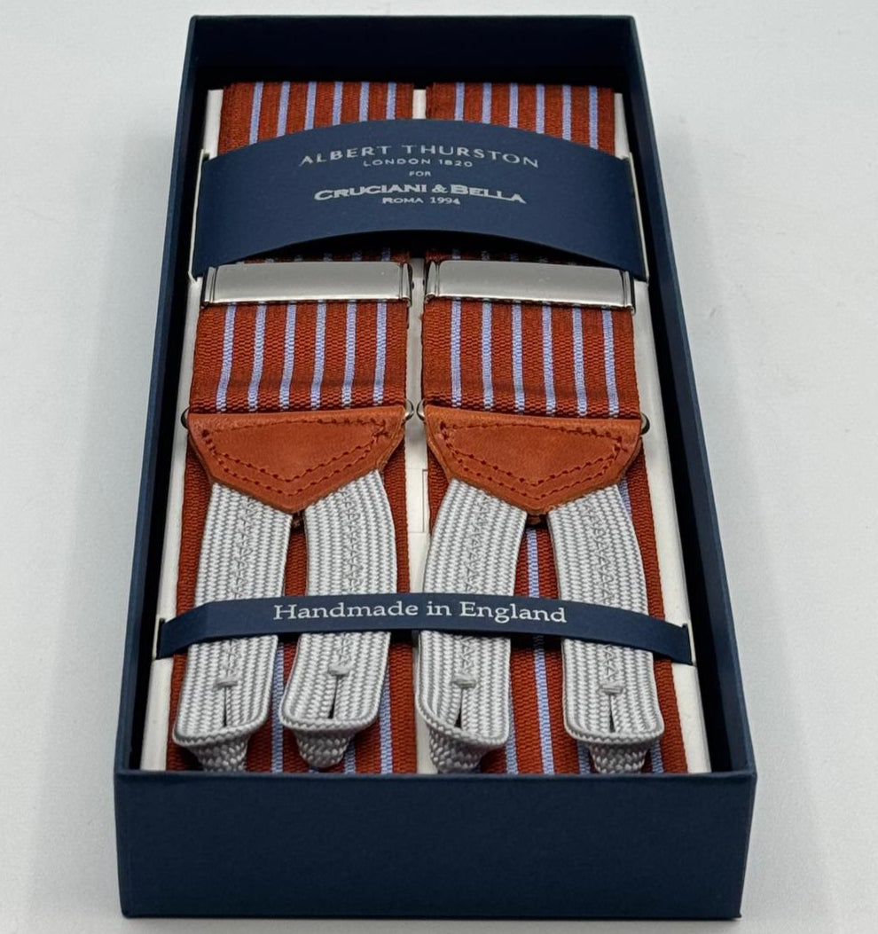 Albert Thurston for Cruciani &amp; Bella
Made in England
Adjustable Sizing
40 mm Woven Barathea&nbsp;
Burned Orange, Light Blue Stries Braces
Braid ends
Y-Shaped
Nickel Fittings
Size Multifit Adjustable&nbsp;Length:&nbsp;115cm (= 45 inch) Maximum