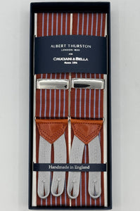 Albert Thurston for Cruciani &amp; Bella
Made in England
Adjustable Sizing
40 mm Woven Barathea&nbsp;
Burned Orange, Light Blue Stries Braces
Braid ends
Y-Shaped
Nickel Fittings
Size Multifit Adjustable&nbsp;Length:&nbsp;115cm (= 45 inch) Maximum