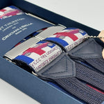 Albert Thurston for Cruciani &amp; Bella
Made in England
Limited Edition 424 or 107/500
Adjustable Sizing
40 mm Woven Silk
Bleu, Red and White
Mini Motif Braces
Y-Shaped
Size Multifit Adjustable&nbsp;Length:&nbsp;115cm (= 45 inch) Maximum
Nickel Fittings