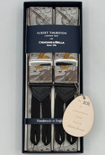 Albert Thurston for Cruciani &amp; Bella
Made in England
Limited Edition 108 or 107/500
Adjustable Sizing
40 mm Woven Silk
Light Grey, Gold and Light Brown
Symphony Motif Braces
Y-Shaped
Size Multifit Adjustable&nbsp;Length:&nbsp;115cm (= 45 inch) Maximum
Nickel Fittings