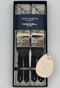 Albert Thurston for Cruciani &amp; Bella
Made in England
Limited Edition 108 or 107/500
Adjustable Sizing
40 mm Woven Silk
Light Grey, Gold and Light Brown
Symphony Motif Braces
Y-Shaped
Size Multifit Adjustable&nbsp;Length:&nbsp;115cm (= 45 inch) Maximum
Nickel Fittings
