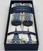 Albert Thurston for Cruciani &amp; Bella
Made in England
Adjustable Sizing
35 mm Elastic Braces
Off White, Light Blue and Blue Motif
Braid ends
Y-Shaped
Nickel Fittings
Size Multifit Adjustable&nbsp;Length:&nbsp;115cm (= 45 inch) Maximum