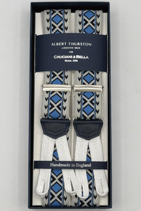 Albert Thurston for Cruciani &amp; Bella
Made in England
Adjustable Sizing
35 mm Elastic Braces
Off White, Light Blue and Blue Motif
Braid ends
Y-Shaped
Nickel Fittings
Size Multifit Adjustable&nbsp;Length:&nbsp;115cm (= 45 inch) Maximum