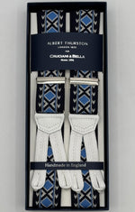Albert Thurston for Cruciani &amp; Bella
Made in England
Adjustable Sizing
35 mm Elastic Braces
Blue, Light Blue and Off White Motif
Braid ends
Y-Shaped
Nickel Fittings
Size Multifit Adjustable&nbsp;Length:&nbsp;115cm (= 45 inch) Maximum