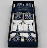 Albert Thurston for Cruciani &amp; Bella
Made in England
Adjustable Sizing
35 mm Elastic Braces
Blue, Light Blue and Off White Motif
Braid ends
Y-Shaped
Nickel Fittings
Size Multifit Adjustable&nbsp;Length:&nbsp;115cm (= 45 inch) Maximum