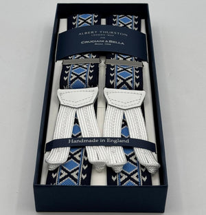 Albert Thurston for Cruciani &amp; Bella
Made in England
Adjustable Sizing
35 mm Elastic Braces
Blue, Light Blue and Off White Motif
Braid ends
Y-Shaped
Nickel Fittings
Size Multifit Adjustable&nbsp;Length:&nbsp;115cm (= 45 inch) Maximum