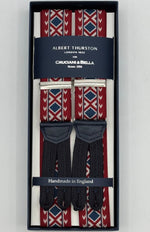 Albert Thurston for Cruciani &amp; Bella
Made in England
Adjustable Sizing
35 mm Elastic Braces
Red, Blue and Off White Motif
Braid ends
Y-Shaped
Nickel Fittings
Size Multifit Adjustable&nbsp;Length:&nbsp;115cm (= 45 inch) Maximum