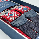 Albert Thurston for Cruciani &amp; Bella
Made in England
Adjustable Sizing
35 mm Elastic Braces
Red, Blue and Off White Motif
Braid ends
Y-Shaped
Nickel Fittings
Size Multifit Adjustable&nbsp;Length:&nbsp;115cm (= 45 inch) Maximum