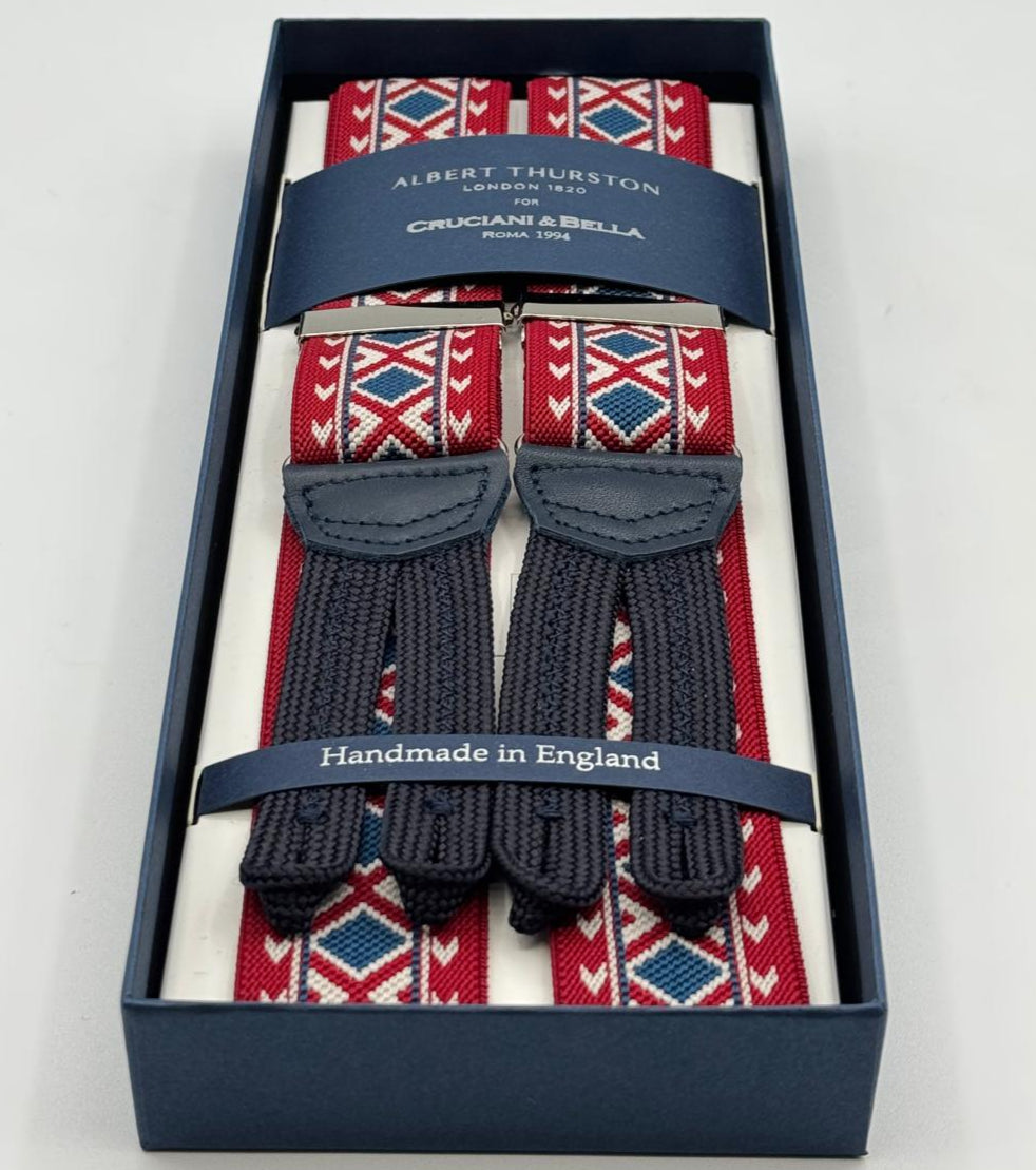 Albert Thurston for Cruciani &amp; Bella
Made in England
Adjustable Sizing
35 mm Elastic Braces
Red, Blue and Off White Motif
Braid ends
Y-Shaped
Nickel Fittings
Size Multifit Adjustable&nbsp;Length:&nbsp;115cm (= 45 inch) Maximum