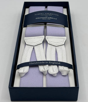 Albert Thurston for Cruciani &amp; Bella
Made in England
Adjustable Sizing
35 mm elastic Lilac plain braces
Braid ends
Y-Shaped
Nickel Fittings
Size Multifit Adjustable&nbsp;Length:&nbsp;115cm (= 45 inch) Maximum