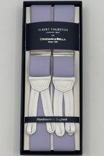 Albert Thurston for Cruciani &amp; Bella
Made in England
Adjustable Sizing
35 mm elastic Lilac plain braces
Braid ends
Y-Shaped
Nickel Fittings
Size Multifit Adjustable&nbsp;Length:&nbsp;115cm (= 45 inch) Maximum