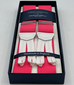Albert Thurston for Cruciani &amp; Bella
Made in England
Adjustable Sizing
35 mm elastic Pink plain braces
Braid ends
Y-Shaped
Nickel Fittings
Size Multifit Adjustable&nbsp;Length:&nbsp;115cm (= 45 inch) Maximum