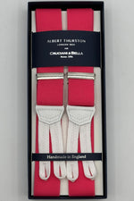 Albert Thurston for Cruciani &amp; Bella
Made in England
Adjustable Sizing
35 mm elastic Pink plain braces
Braid ends
Y-Shaped
Nickel Fittings
Size Multifit Adjustable&nbsp;Length:&nbsp;115cm (= 45 inch) Maximum