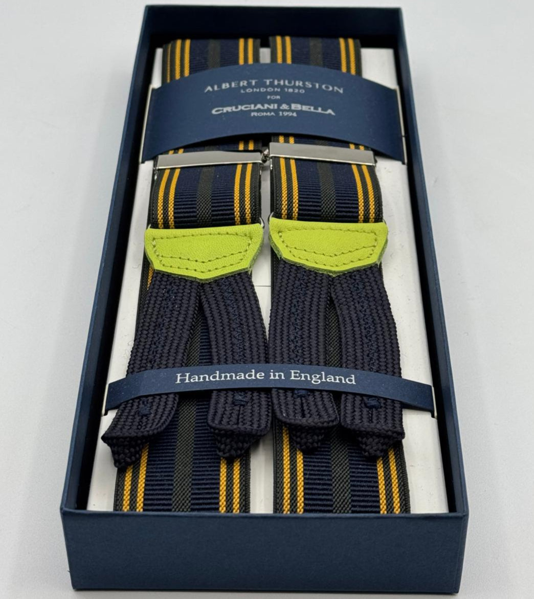 Albert Thurston for Cruciani &amp; Bella
Made in England
Adjustable Sizing
35 mm elastic&nbsp; braces
Blue, Yellow and Dark Green Stripes braces
Braid ends
Y-Shaped
Nickel Fittings
Size Multifit Adjustable&nbsp;Length:&nbsp;115cm (= 45 inch) Maximum