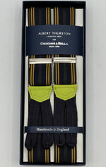 Albert Thurston for Cruciani &amp; Bella
Made in England
Adjustable Sizing
35 mm elastic&nbsp; braces
Blue, Yellow and Dark Green Stripes braces
Braid ends
Y-Shaped
Nickel Fittings
Size Multifit Adjustable&nbsp;Length:&nbsp;115cm (= 45 inch) Maximum