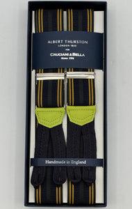 Albert Thurston for Cruciani &amp; Bella
Made in England
Adjustable Sizing
35 mm elastic&nbsp; braces
Blue, Yellow and Dark Green Stripes braces
Braid ends
Y-Shaped
Nickel Fittings
Size Multifit Adjustable&nbsp;Length:&nbsp;115cm (= 45 inch) Maximum