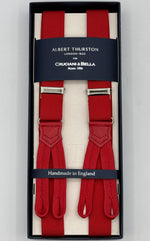 Albert Thurston for Cruciani &amp; Bella
Made in England
Adjustable Sizing
25 mm elastic braces
Red Plain
Braid ends
Y-Shaped
Nickel Fittings
Size: L