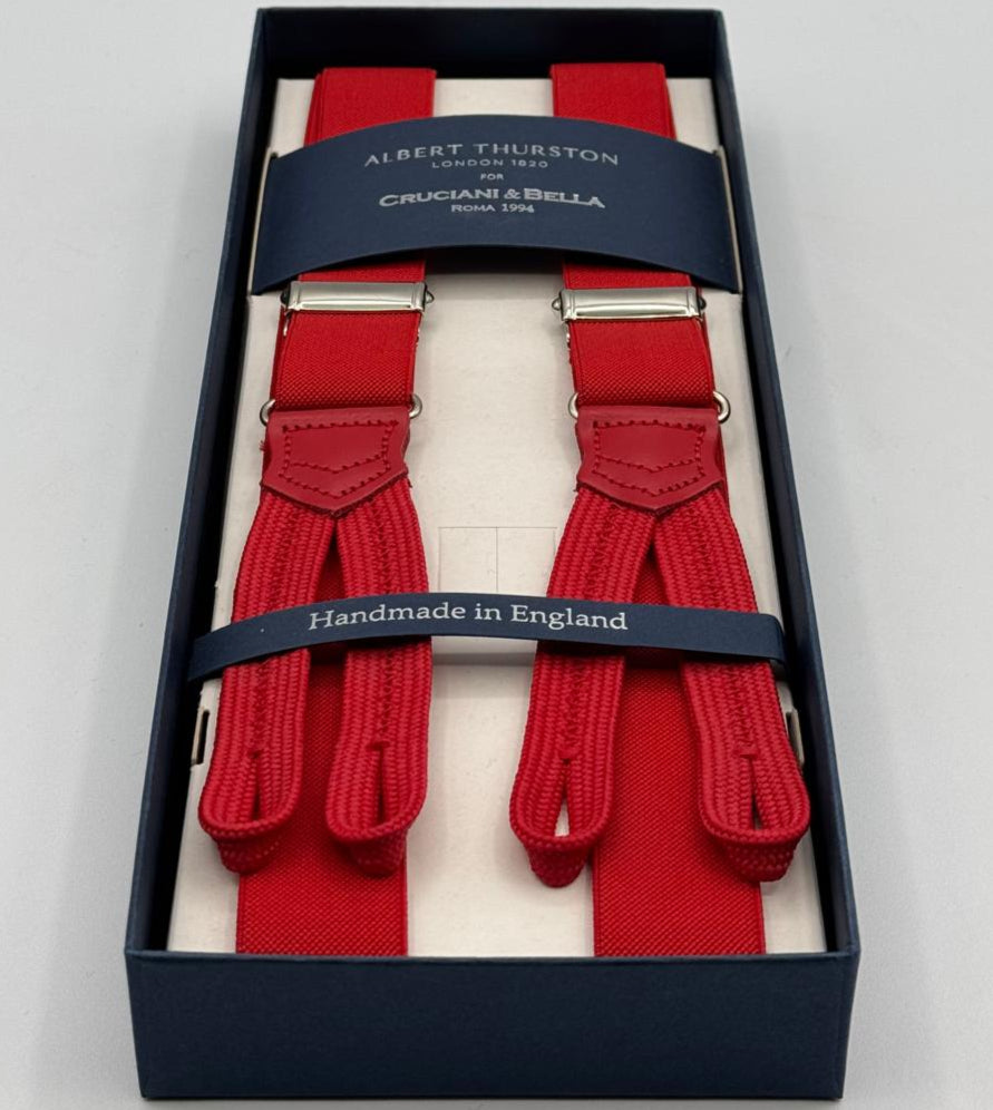 Albert Thurston for Cruciani &amp; Bella
Made in England
Adjustable Sizing
25 mm elastic braces
Red Plain
Braid ends
Y-Shaped
Nickel Fittings
Size: L