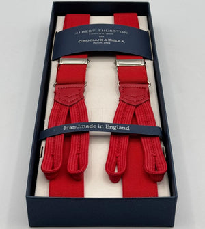 Albert Thurston for Cruciani &amp; Bella
Made in England
Adjustable Sizing
25 mm elastic braces
Red Plain
Braid ends
Y-Shaped
Nickel Fittings
Size: L