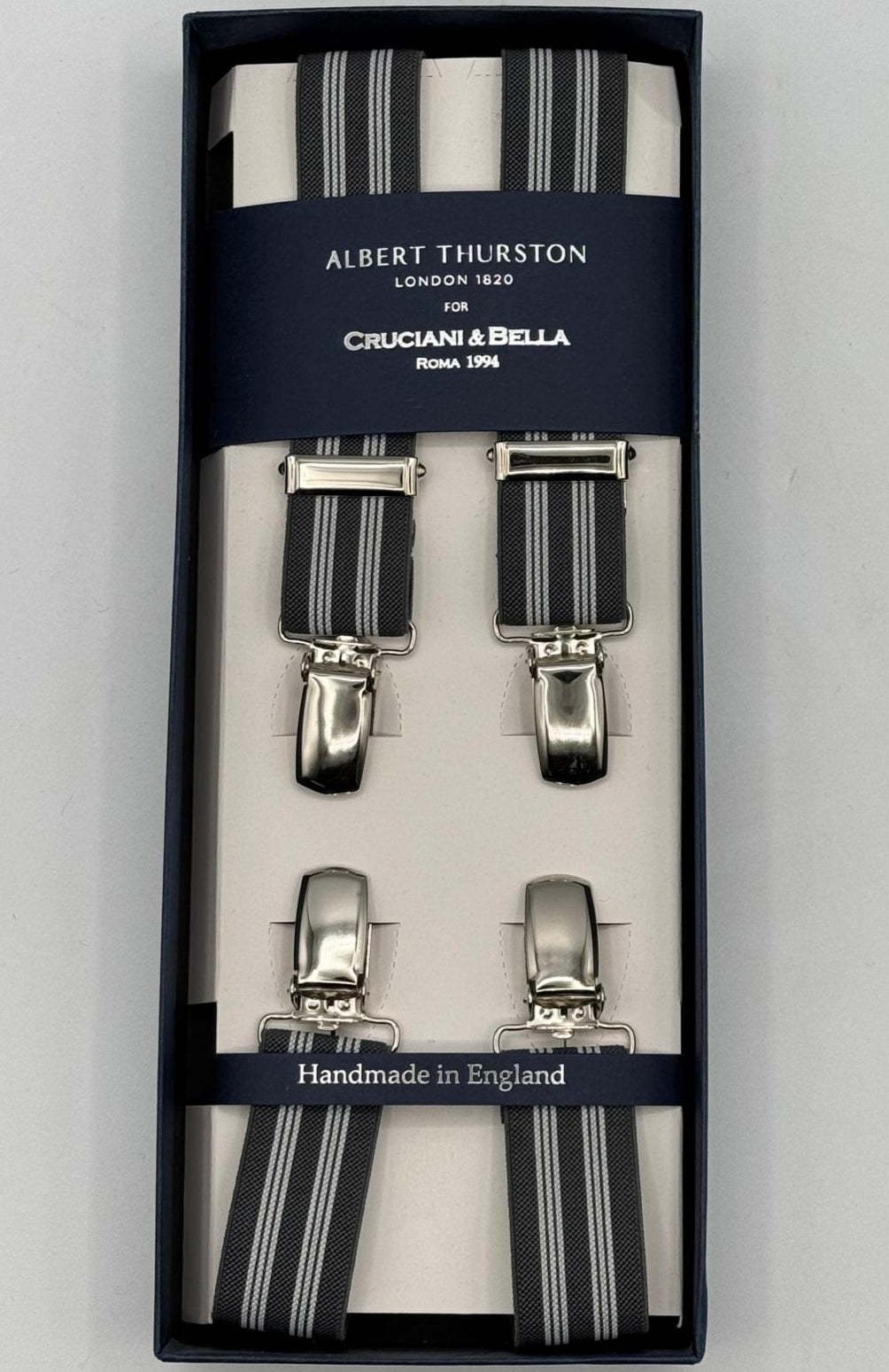 Albert Thurston for Cruciani &amp; Bella

Made in England
Clip on
Adjustable Sizing
25 mm elastic braces
Grey, White Stripes
X-Shaped
Nickel Fittings
Size: L
