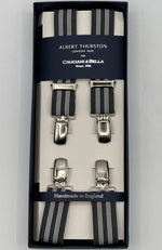 Albert Thurston for Cruciani &amp; Bella

Made in England
Clip on
Adjustable Sizing
25 mm elastic braces
Grey, White Stripes
X-Shaped
Nickel Fittings
Size: L