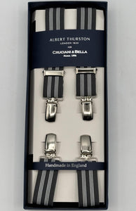 Albert Thurston for Cruciani &amp; Bella

Made in England
Clip on
Adjustable Sizing
25 mm elastic braces
Grey, White Stripes
X-Shaped
Nickel Fittings
Size: L