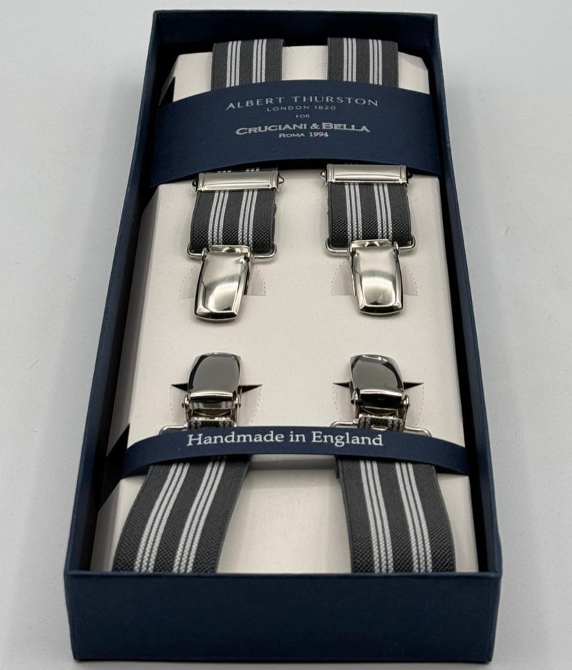 Albert Thurston for Cruciani &amp; Bella

Made in England
Clip on
Adjustable Sizing
25 mm elastic braces
Grey, White Stripes
X-Shaped
Nickel Fittings
Size: L