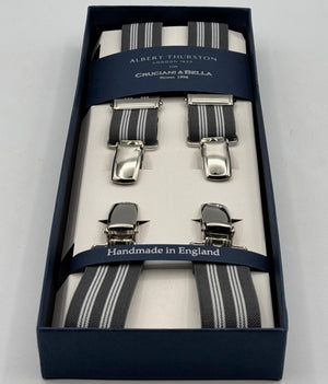 Albert Thurston for Cruciani &amp; Bella

Made in England
Clip on
Adjustable Sizing
25 mm elastic braces
Grey, White Stripes
X-Shaped
Nickel Fittings
Size: L