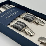 Albert Thurston for Cruciani &amp; Bella

Made in England
Clip on
Adjustable Sizing
25 mm elastic braces
Grey, White Stripes
X-Shaped
Nickel Fittings
Size: L