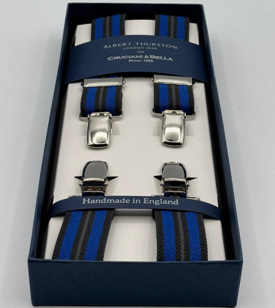 Albert Thurston for Cruciani &amp; Bella

Made in England
Clip on
Adjustable Sizing
25 mm elastic braces
Blue, Light Blue Stripes
X-Shaped
Nickel Fittings
Size: L