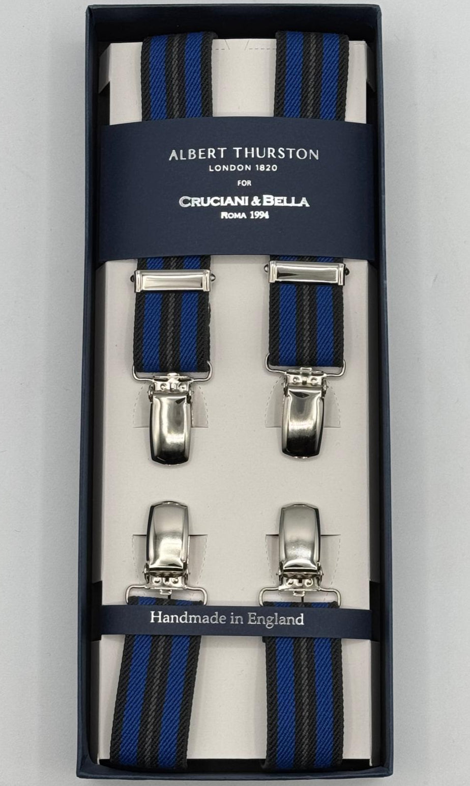 Albert Thurston for Cruciani &amp; Bella

Made in England
Clip on
Adjustable Sizing
25 mm elastic braces
Blue, Light Blue Stripes
X-Shaped
Nickel Fittings
Size: L