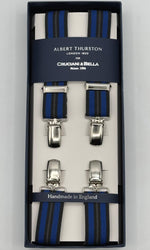 Albert Thurston for Cruciani &amp; Bella

Made in England
Clip on
Adjustable Sizing
25 mm elastic braces
Blue, Light Blue Stripes
X-Shaped
Nickel Fittings
Size: L