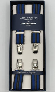 Albert Thurston for Cruciani &amp; Bella

Made in England
Clip on
Adjustable Sizing
25 mm elastic braces
Blue, Light Blue Stripes
X-Shaped
Nickel Fittings
Size: L
