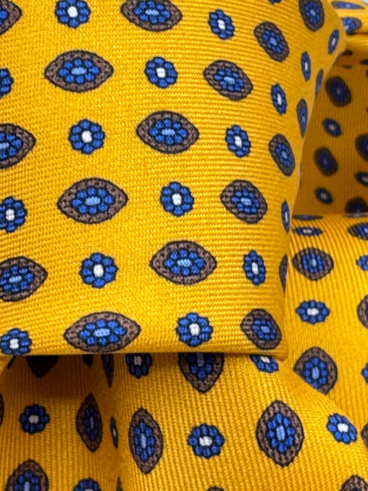 N.O.S. Cruciani & Bella - Printed Silk - Yellow, Blue and Brown Motif Tie #9324