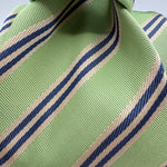 Cruciani &amp; Bella
100% Woven Silk&nbsp;

Self Tipped&nbsp;
Blue, Light Blue and Beige stripes

Handmade in Italy
8 cm x 148 cm
New Old Stock